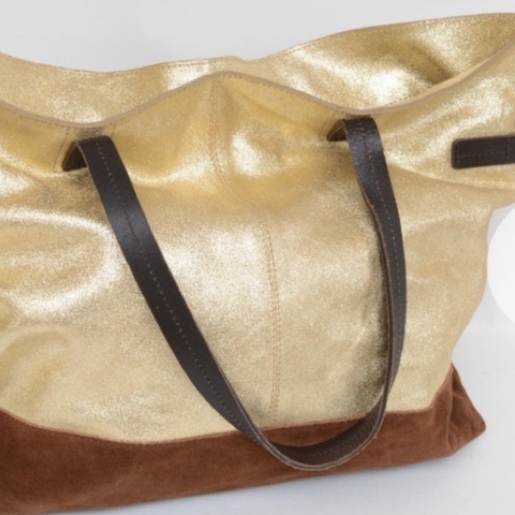 BODEN Metallic & Suede Genuine Leather Tote/Shoulder Bag, Buckled Side Detailing - Picture 3 of 10